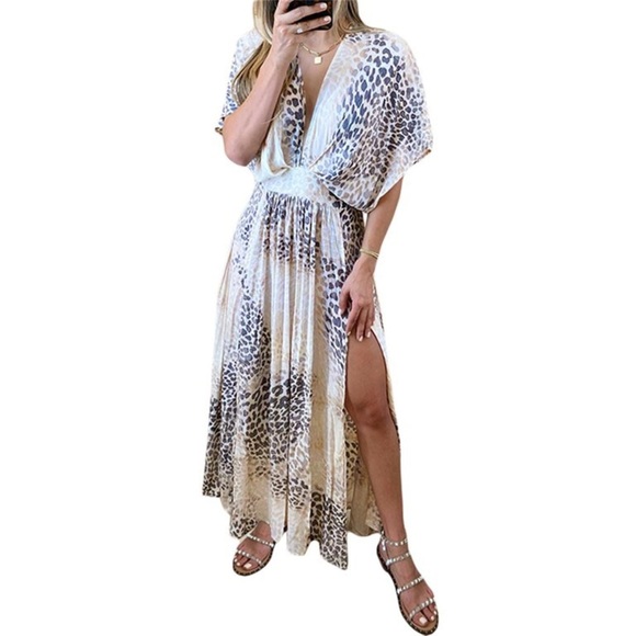 Flowy Maxi Dress Baby Shower Summer Sundress V Neck Smocked Leopard Long Small - Picture 1 of 12